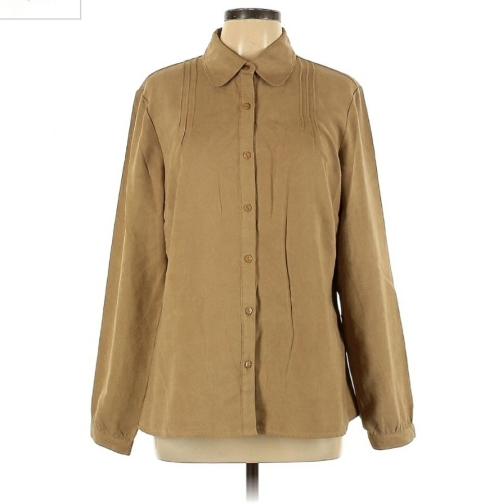 Lemon Grass Tan Button Down Collared Long Sleeve Women's Large L Suede-Feel EUC